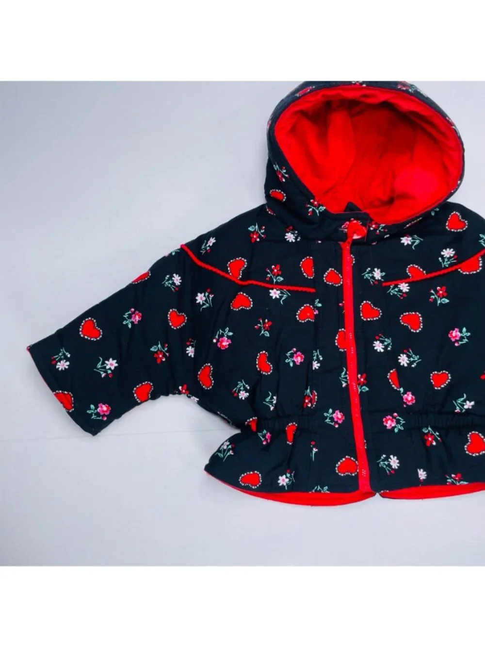 Vintage Baby Girls Black + Red Heart + Floral Print Winter Puffer Coat 12m